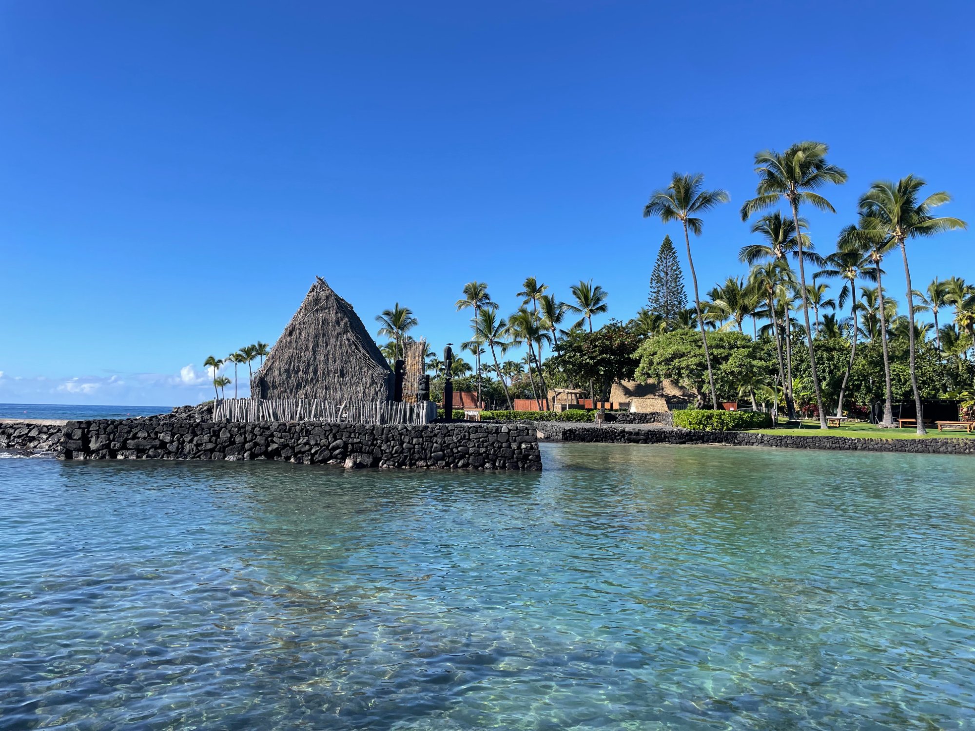 Traditional Hawaiian heiau and lagoon with palm trees